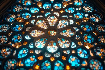 Stained glass windows in a cathedral, capturing the interplay of light and color