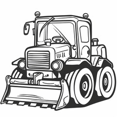 Naklejka premium Black and white illustration of a bulldozer with detailed lines, perfect for construction-themed projects and coloring pages.
