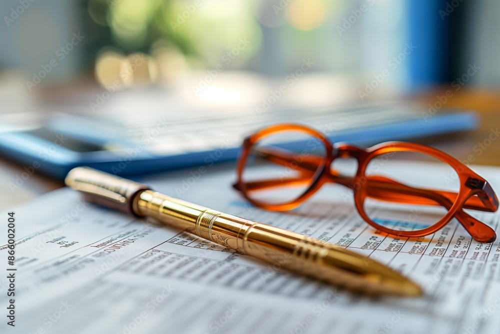 Poster office desk with with glasses and various elements