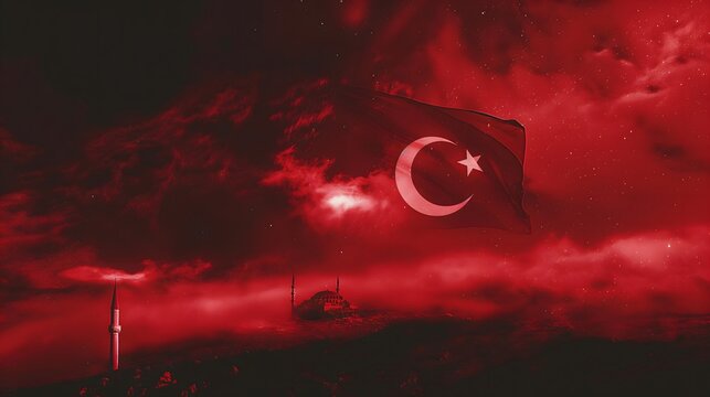 1. Create an image featuring a background adorned with the bold red field and white star and crescent of the Turkish flag, symbolizing the nation's heritage, valor, and Islamic faith.