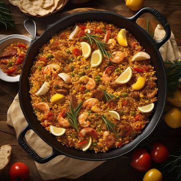 panish Cuisine: Paella on a Table with Fresh Ingredients