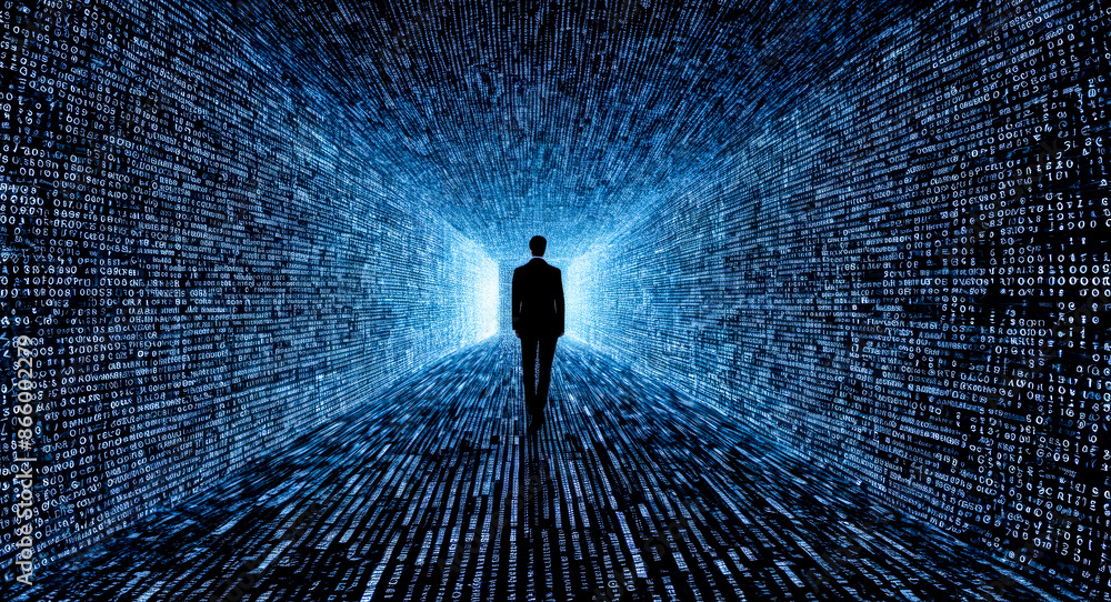 Poster lone figure illuminated by radiant lines of binary code in dark setting. symbolizes intersection of 