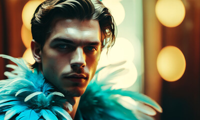 Fototapeta premium Young man gay Dazzles with Extravagant Blue Feather Attire, Commanding Attention in Warmly Lit Indoor Performance Space
