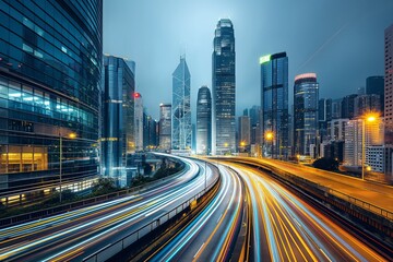 Fototapeta premium Bustling metropolis with traffic at twilight