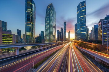 Fototapeta premium Bustling metropolis with traffic at twilight