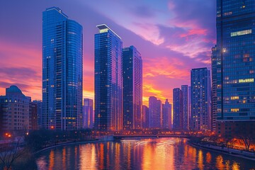 Fototapeta premium Bustling metropolis with traffic at twilight