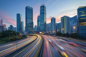 Bustling metropolis with traffic at twilight