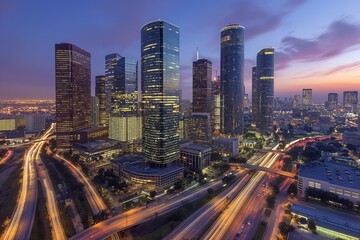 Naklejka premium Bustling metropolis with traffic at twilight
