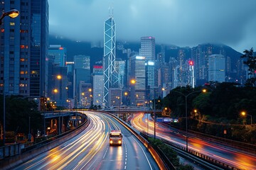 Obraz premium Bustling metropolis with traffic at twilight