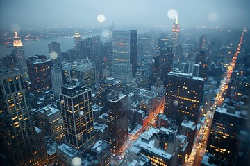 Naklejka premium Bustling metropolis with traffic at twilight