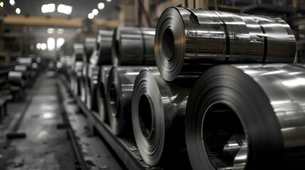 Rows of rolled metal sheets in a factory