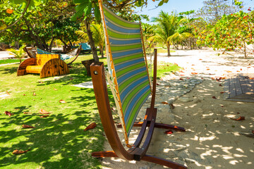 Umbrellas and sunbeds by the exotic tropical beach