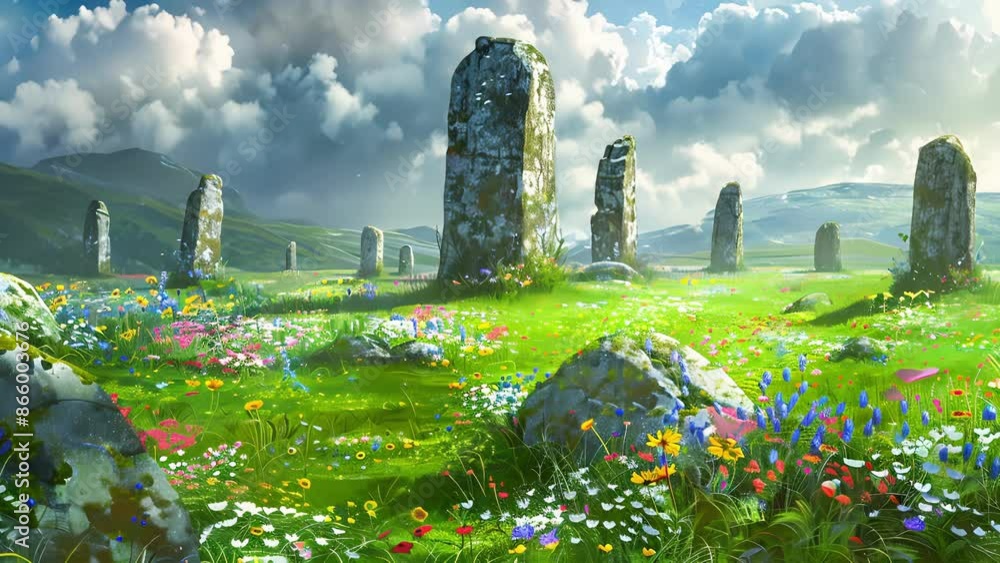 Poster the grassy field surrounding the stone circle is dotted with delicate flowers of every color adding 