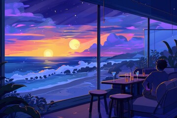 Fototapeta premium A sky lounge overlooking a beach with crashing waves, cozy vibe, Generative AI