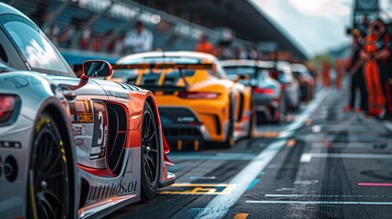 Race cars lined up at starting grid of a motorsport event