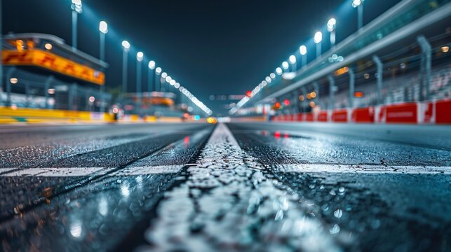 Empty race track at night with vivid lights