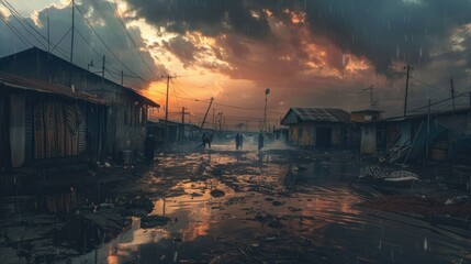 A desolate, post-apocalyptic town with abandoned buildings and a muddy street, set against a dramatic sunset sky.
