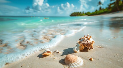 Seashells on Tropical Beach Shore with Turquoise Water and Blue Sky