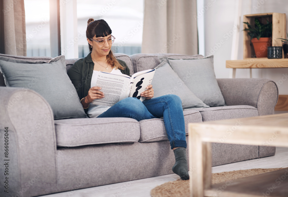 Sticker Relax, reading and woman with story on sofa in home for calm, peace and self help literature. Rest, chill and person in living room with non fiction book or novel for psychology knowledge in house.