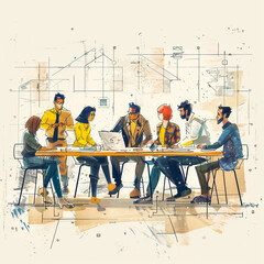 Positive male and female architects working in collaboration discussing ideas and satisfied with productive job,professional group of designers drafting project pondering on sketch and successful plan