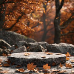 Fototapeta premium Stone Podium Display with Autumn Leaves and Forest Background, Ideal for showcasing Fall Products and Designs