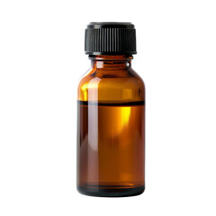 Amber glass bottle with black screw cap filled with liquid, ideal for essential oils, laboratory use, or apothecary storage, isolated on a white background, transparent background.