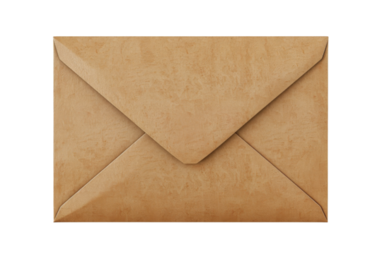 A vintage brown envelope with a textured surface, perfect for postal and stationery themes, isolated on a white background, transparent background.