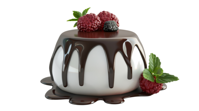 Delicious white dessert with chocolate glaze, garnished with fresh raspberries and mint leaves, isolated on a white background, transparent background.