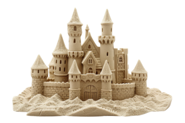 Intricate sandcastle featuring multiple towers and detailed architecture, isolated on a white background, transparent background.