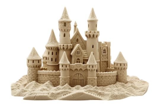 Intricate sandcastle featuring multiple towers and detailed architecture, isolated on a white background, transparent background.
