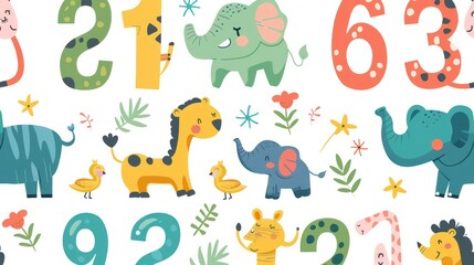 Naklejka premium Colorful seamless pattern with jungle animals, numbers and flowers on a white background. Perfect for kids' room decor, fabric, and wrapping paper.