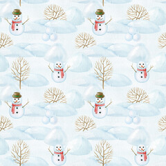 Christmas season snowman in the park seamless pattern. Snowman, snow, bushes, winter landscape on blue background. Traditional vintage style gift wrap design. Painted watercolor digital paper element