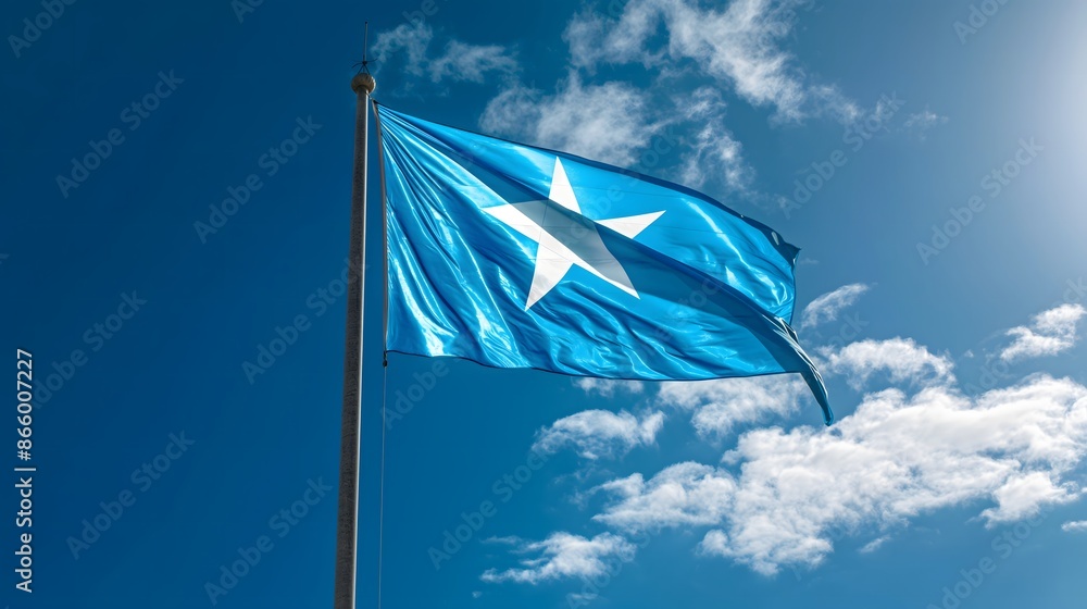 Poster 1. generate an image of a background adorned with the bold light blue field and white five-pointed s