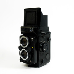 Isolated view of a Vintage 80s Medium format 6x6 Reflex TLR camera on a white background