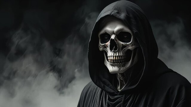 Halloween creepy black grim reaper surrounded by black smog