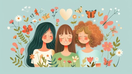 Fototapeta premium Three women with diverse hairstyles and skin tones embrace in a colorful garden, smiling with eyes closed