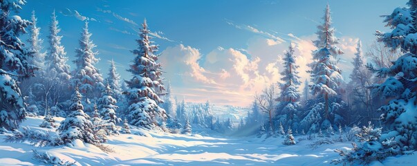 Serene winter landscape with snow-covered trees, clear blue sky, and soft clouds, capturing the tranquility of nature in a snowy forest.