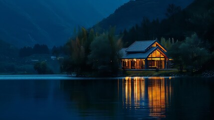 Fototapeta premium Night lights of a lake house in the mountains. Night lights of a lake house in the mountains. Mountain lake house lights.