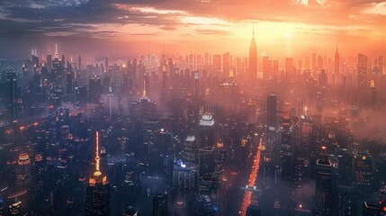Fototapeta premium A futuristic cityscape at sunset, with towering buildings and glowing lights. The sky is ablaze with vibrant colors, creating a dramatic and awe-inspiring scene.