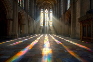 A beautiful stained glass window with colorful light rays streaming through, illuminating the floor and walls of an ancient cathedral.