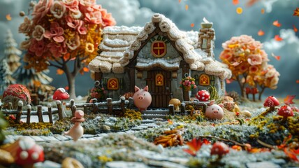 Obraz premium Whimsical fairytale cottage in an enchanted forest, surrounded by cute pigs, mushrooms, and falling leaves. Concept of magic, fantasy, and autumn.