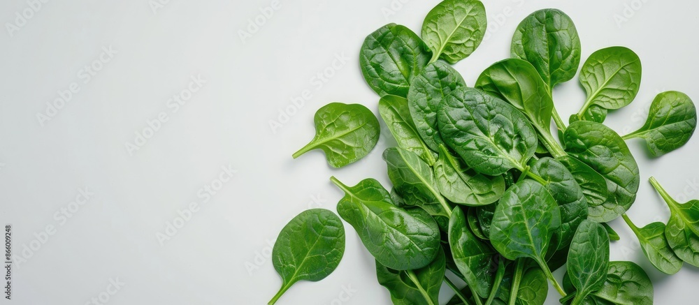 Wall mural Fresh Green Baby Spinach Leaves Piled on White Background - Close-Up Shot with Flat Lay for Food Concept - Wall murals