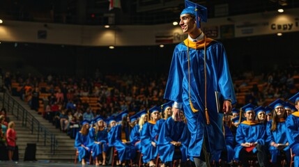 A single graduate in a blue cap and gown walks across a stage, while their classmates sit in the audience.