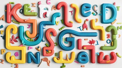 Colorful alphabet letters in various styles and colors scattered on a white background.