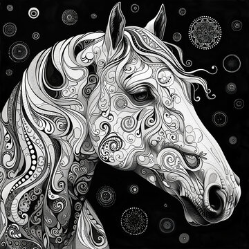 Black and white ornamental  zentagle illustration of a horse for coloring book.