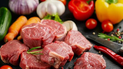 Freshly cut meat with assorted vegetables, ready for cooking, detailed textures, colorful ingredients, kitchen prep area