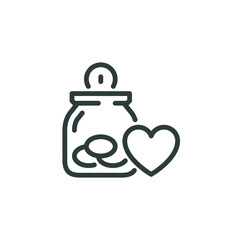 Thin outline icon tip jar or donation jar with a heart symbol. Line sign charity and donation, sponsorship contribution, humanitarian aid. Vector isolated pictogram on white background.