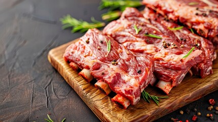 Obraz premium Freshly marinated raw ribs, rich spices, arranged on a wooden cutting board, detailed textures, ready for cooking, rustic kitchen setting