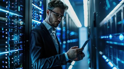 A businessman in a suit and glasses stands in a server room, checking a tablet.  The room is lit by blue lights.  He looks focused and determined.