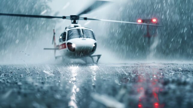 Helicopter rescue operation during severe storm, turbulent winds, pouring rain, detailed emergency team, dramatic and thrilling visuals